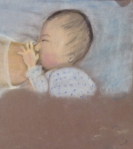 Marie, lunchtime, pastels and charcoals.